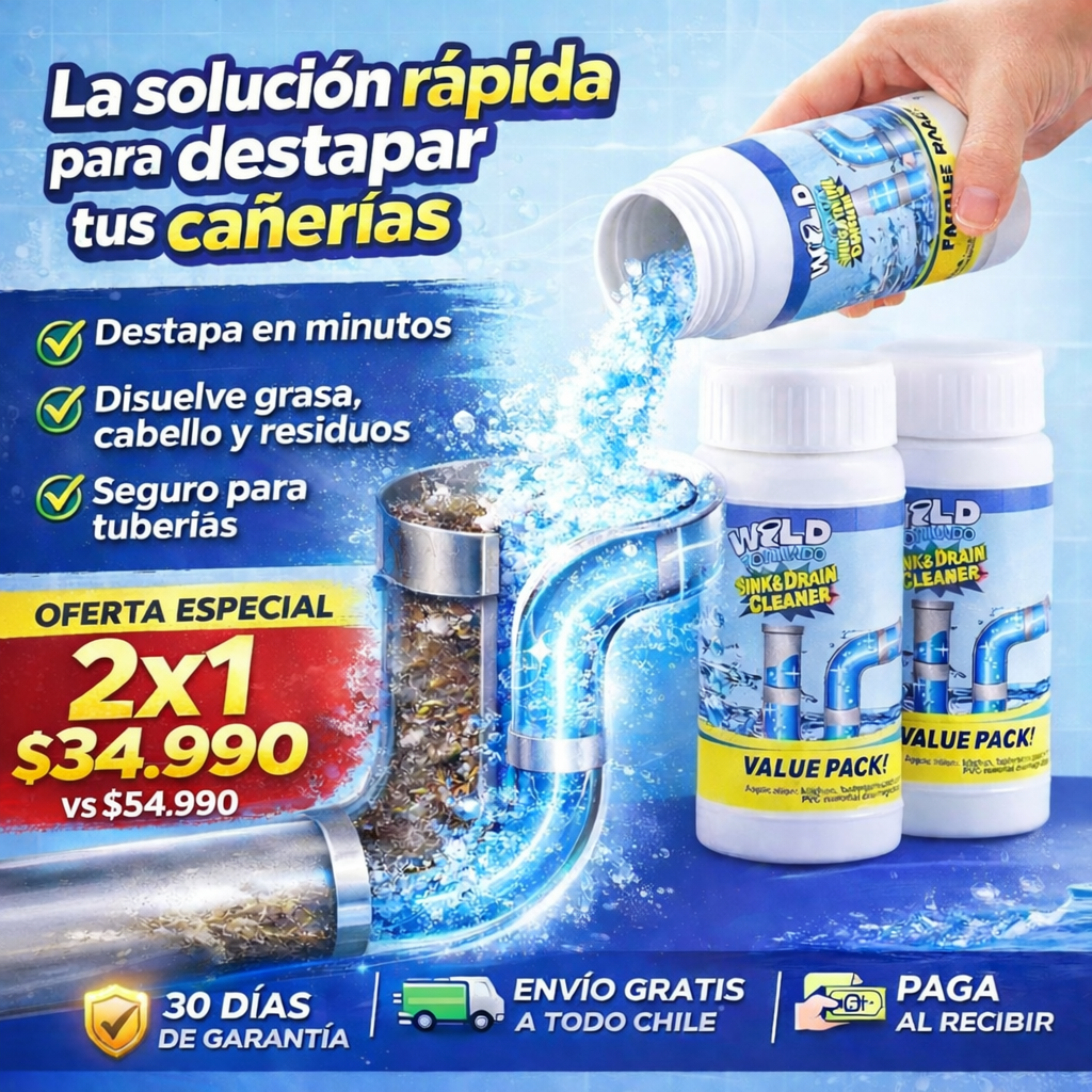 Pack 2x1 Polvo Destapa Cañerías-Fórmula activa que destapa cañerías tapadas