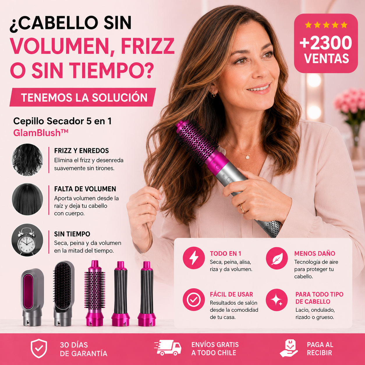 Cepillo Profesional 5 en 1-Seca, Alisa, Riza y Elimina el Frizz Sin Dañar tu Cabello
