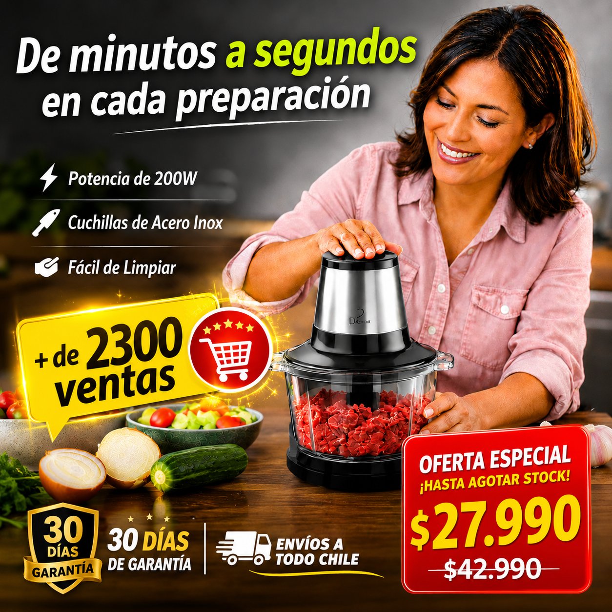 Picadora Eléctrica-Motor de 200W, doble velocidad y cuchillas de acero inoxidable para preparar carnes, verduras y salsas en segundos