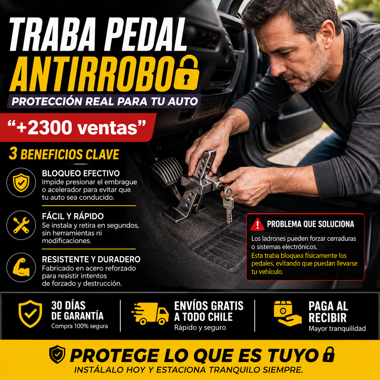 Traba Pedal para auto Antirrobo-Que tu auto no sea el próximo. Protégelo en segundos