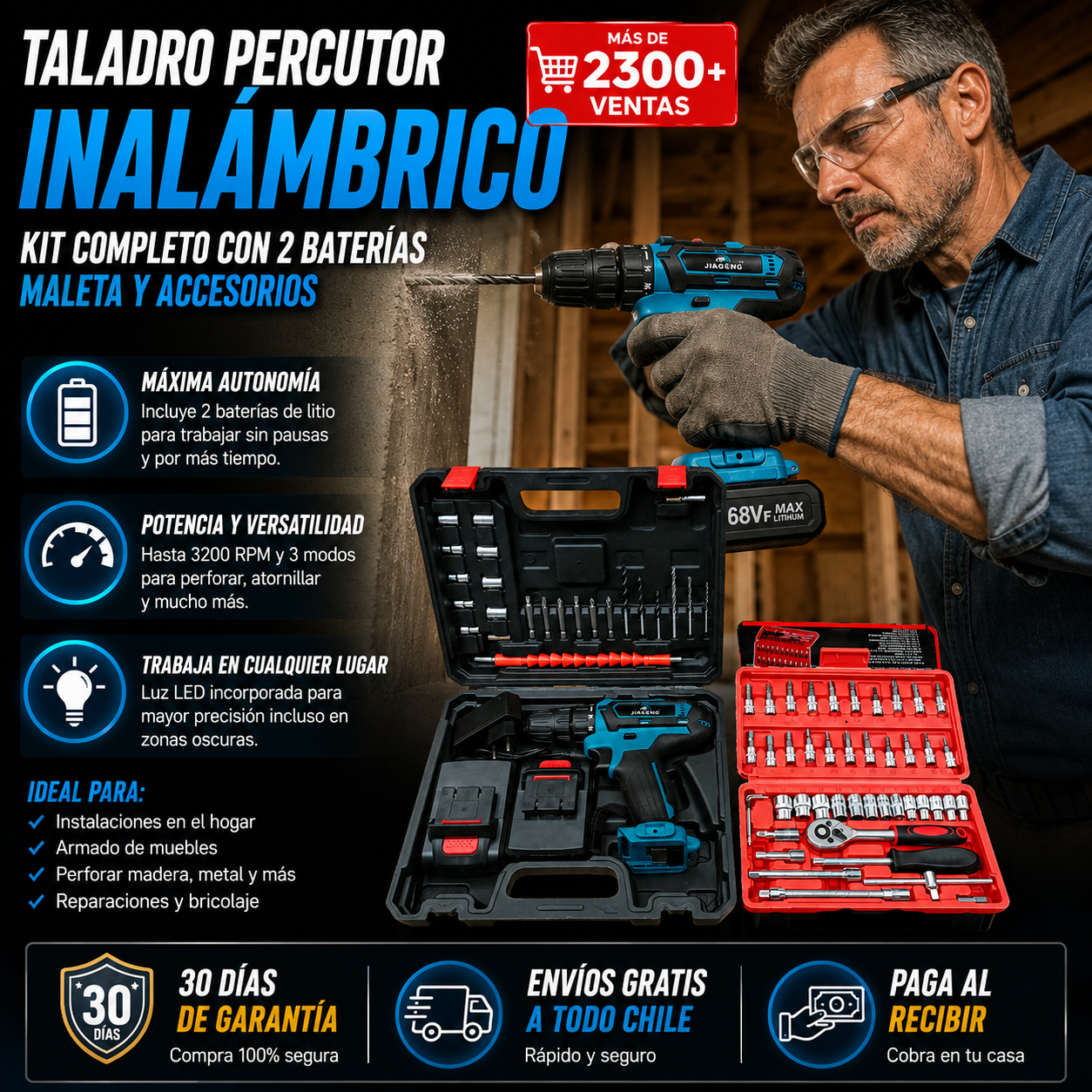 Taladro percutor-Kit completo con 2 baterías, maleta y accesorios