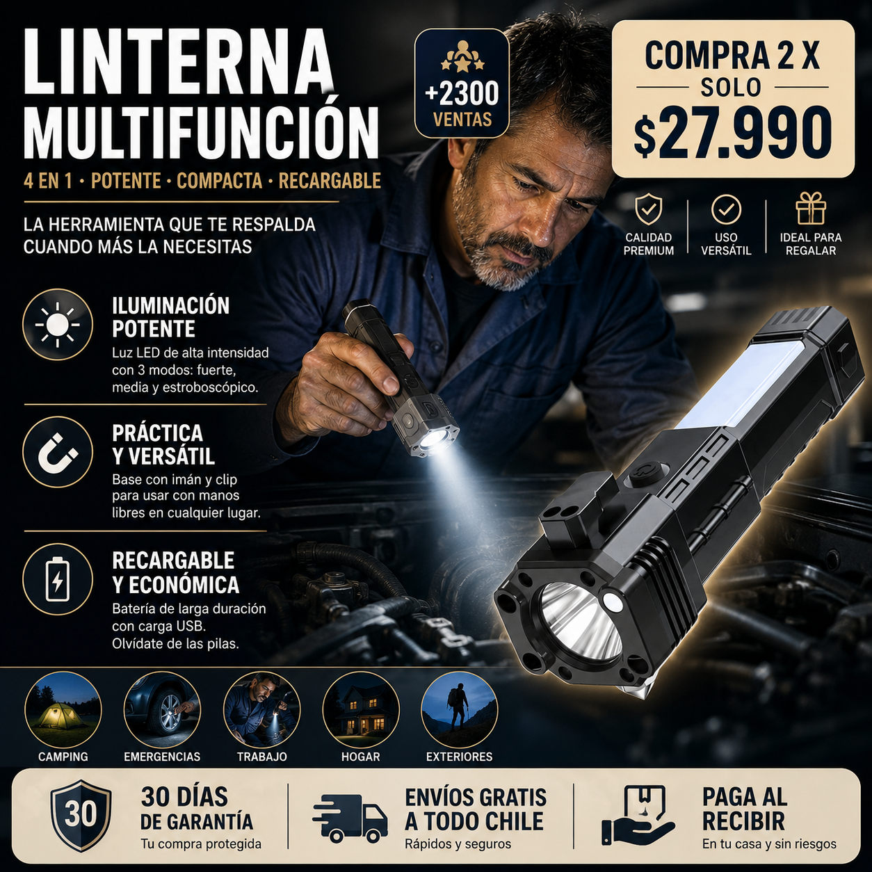 Linterna Multifuncional 4 en 1 con luz potente, carga recargable y funciones de emergencia para cualquier situación