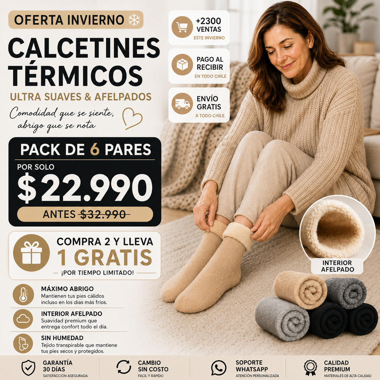 OFERTA INVIERNO-Pack 6 Calcetines Térmicos Afelpados | Calor inmediato